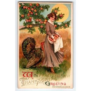 Samuel Schmucker John Winsch 1911 Thanksgiving Postcard Woman Apples & Turkey
